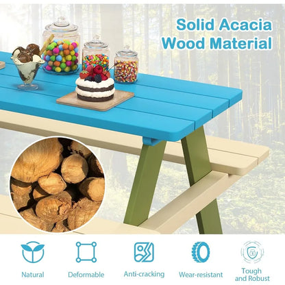 Kids Picnic Table, Acacia Wood, Outdoor Table with Benches, Toddler Patio Furniture Set.