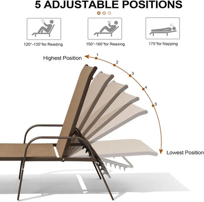 Outdoor Chaise Lounge Chair Set of 2, Adjustable 5 Positions, Aluminum Frame.