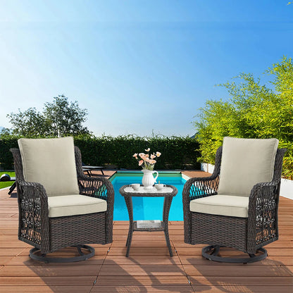 3-Piece Wicker Swivel Rocking Patio Set, 2 Chairs & Glass Table, Outdoor Furniture for Porch & Backyard.