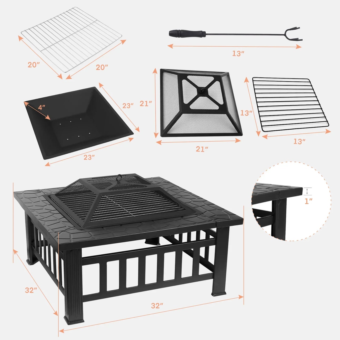 Fire Basket Garden Fireplace Including Grill, Waterproof Cover for Heating/Grilling Metal Brazier.