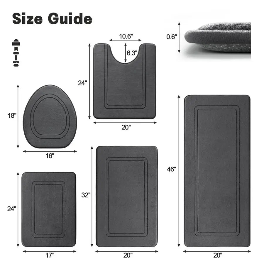Dark Grey Memory Foam Bathroom Rug Set 5 Piece, Ultra Absorbent, Non-Slip.