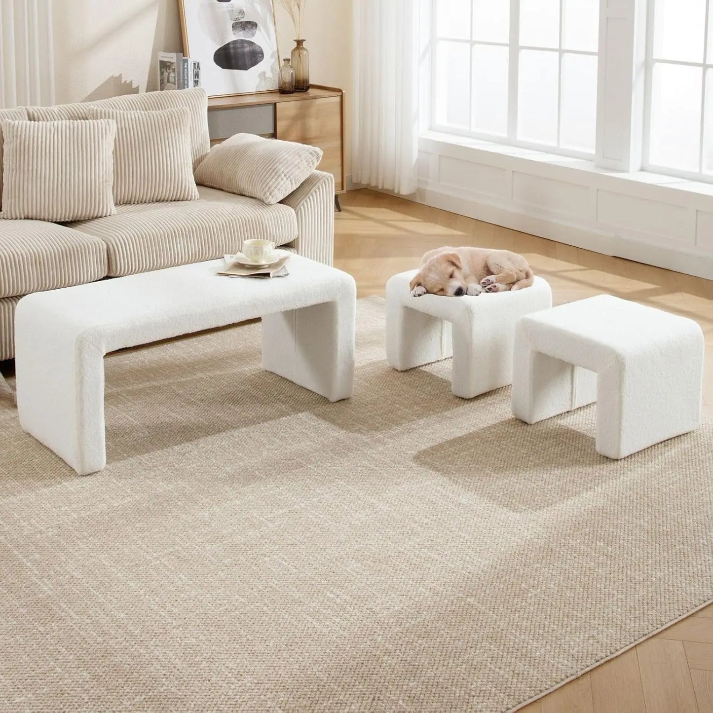 40.5" Wide Upholstered End of Bed Bench with 2 Small Stools Sherpa Comfy Entry Bench Vanity Stools.