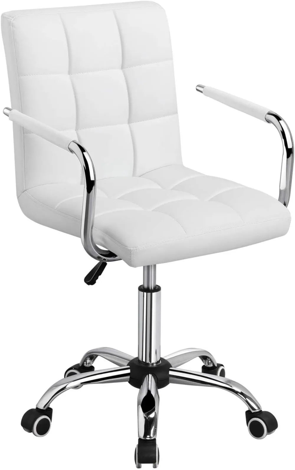 White Desk Chairs with Wheels/Armrests Modern PU Leather Office Chair Midback Adjustable Home Executive Chair 360°