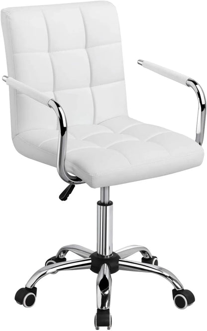 White Desk Chairs with Wheels/Armrests Modern PU Leather Office Chair Midback Adjustable Home Executive Chair 360°
