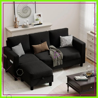 L-Shaped Sectional Sofa with Ottoman, Convertible 3-Seat Couch for Small Spaces.