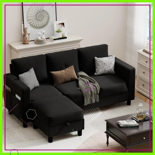 L-Shaped Sectional Sofa with Ottoman, Convertible 3-Seat Couch for Small Spaces.
