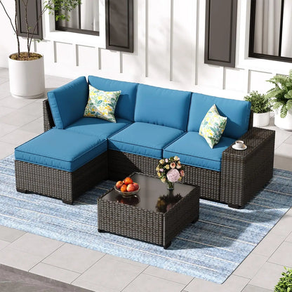 5-Piece Patio Furniture Set, All-Weather Outdoor Wicker Sectional Sofa with Cushions, Tempered Glass Table.