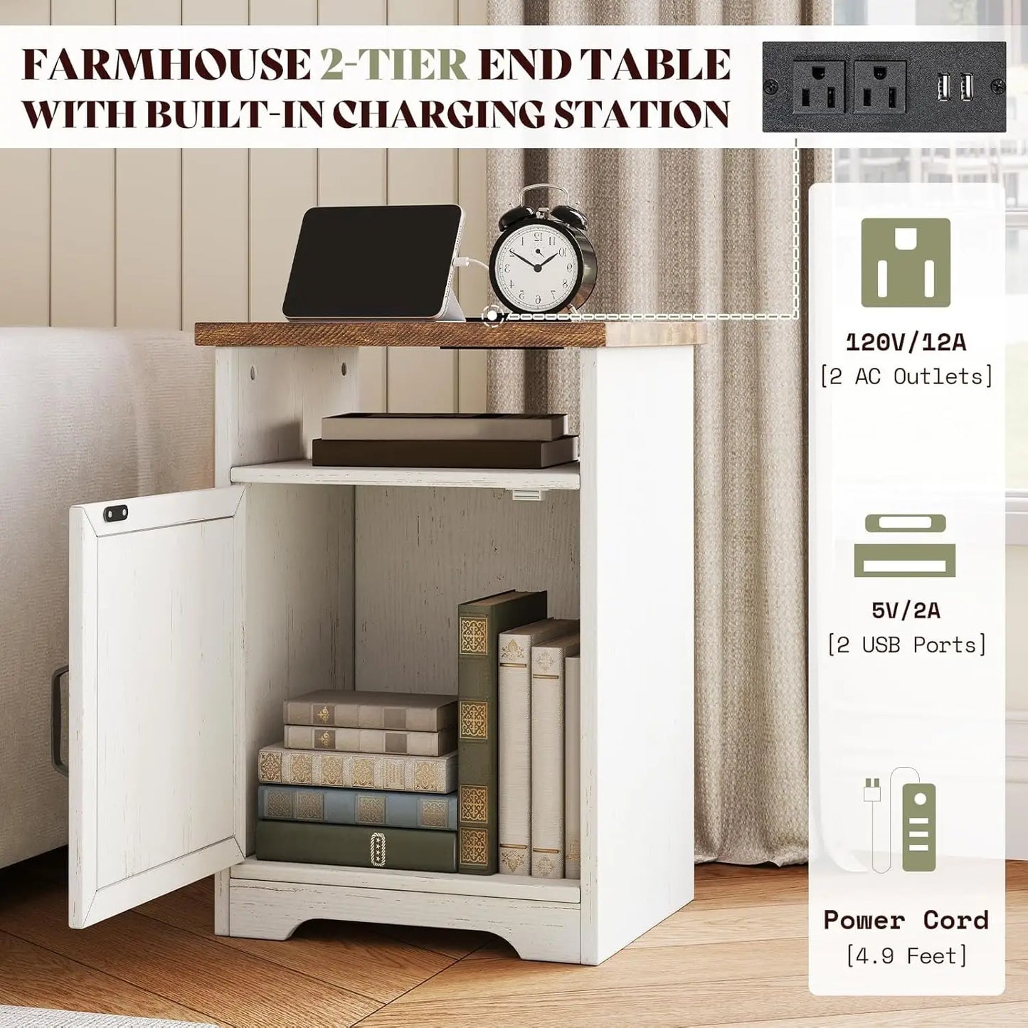 3-Piece Farmhouse Living Room Table Set with Coffee Table, 2 End Tables, Charging Station & USB Ports.