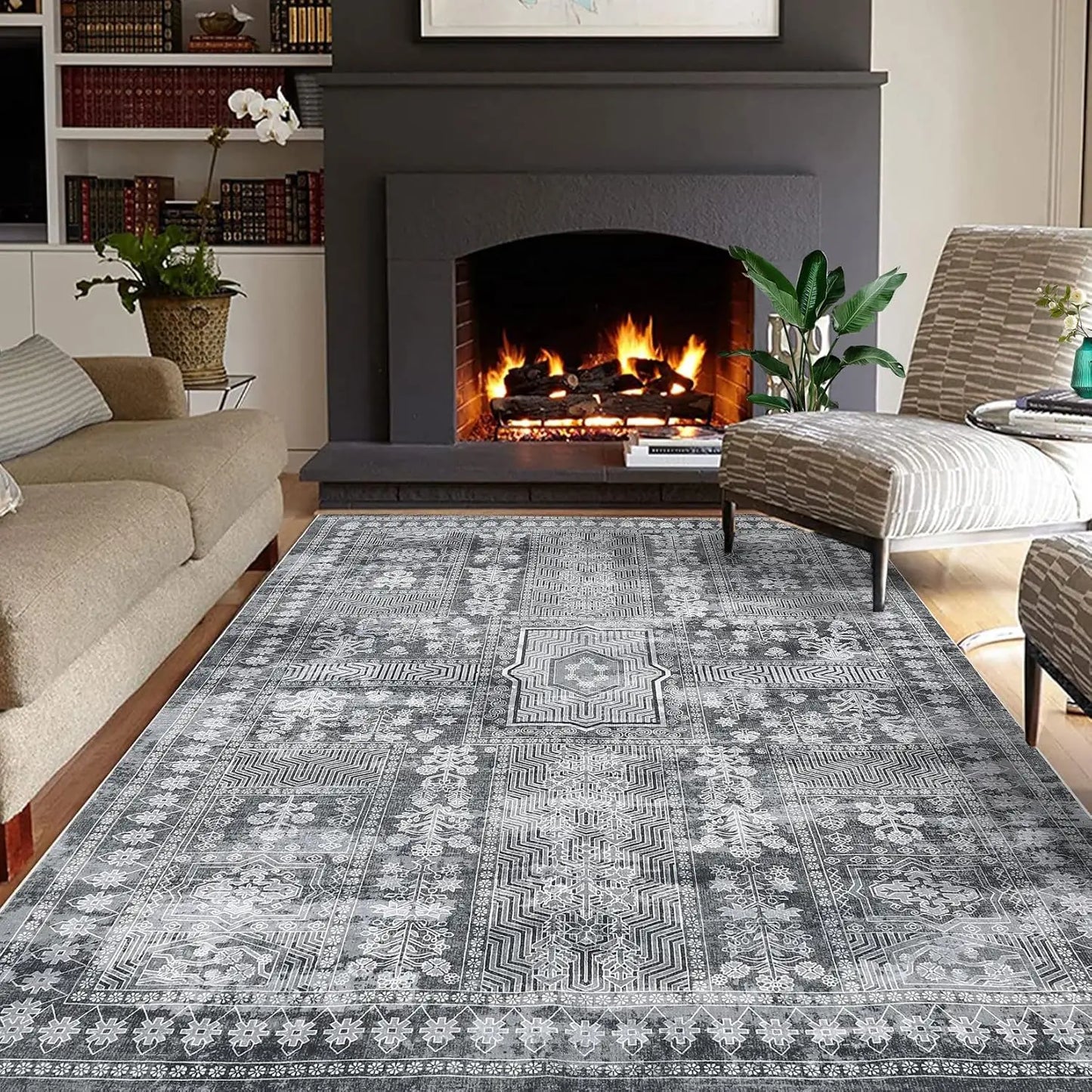 Large Vintage Washable Area Rug for Living Room Floral Print Carpet, Low Pile Foldable.