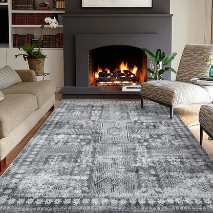 Large Vintage Washable Area Rug for Living Room Floral Print Carpet, Low Pile Foldable.