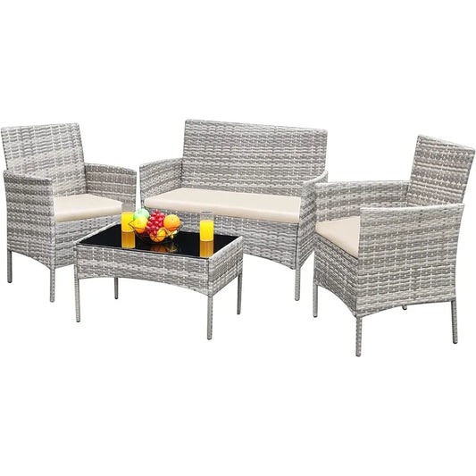 patio furniture 4 pieces conversation set outdoor wicker rattan chairs & Table.