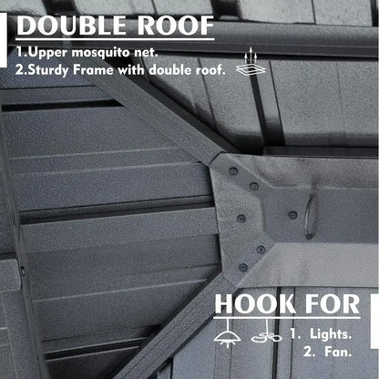 10' x 12' Steel Double Roof Outdoor Pavilion with Curtains and Netting for Backyard.