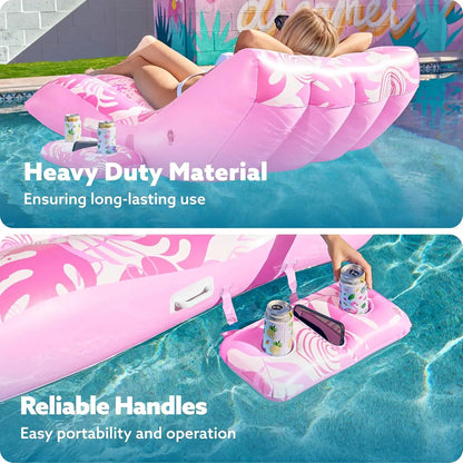 Inflatable Pool Lounge Chair with Cup Holder, Heavy Duty Floating Recliner for Tanning.