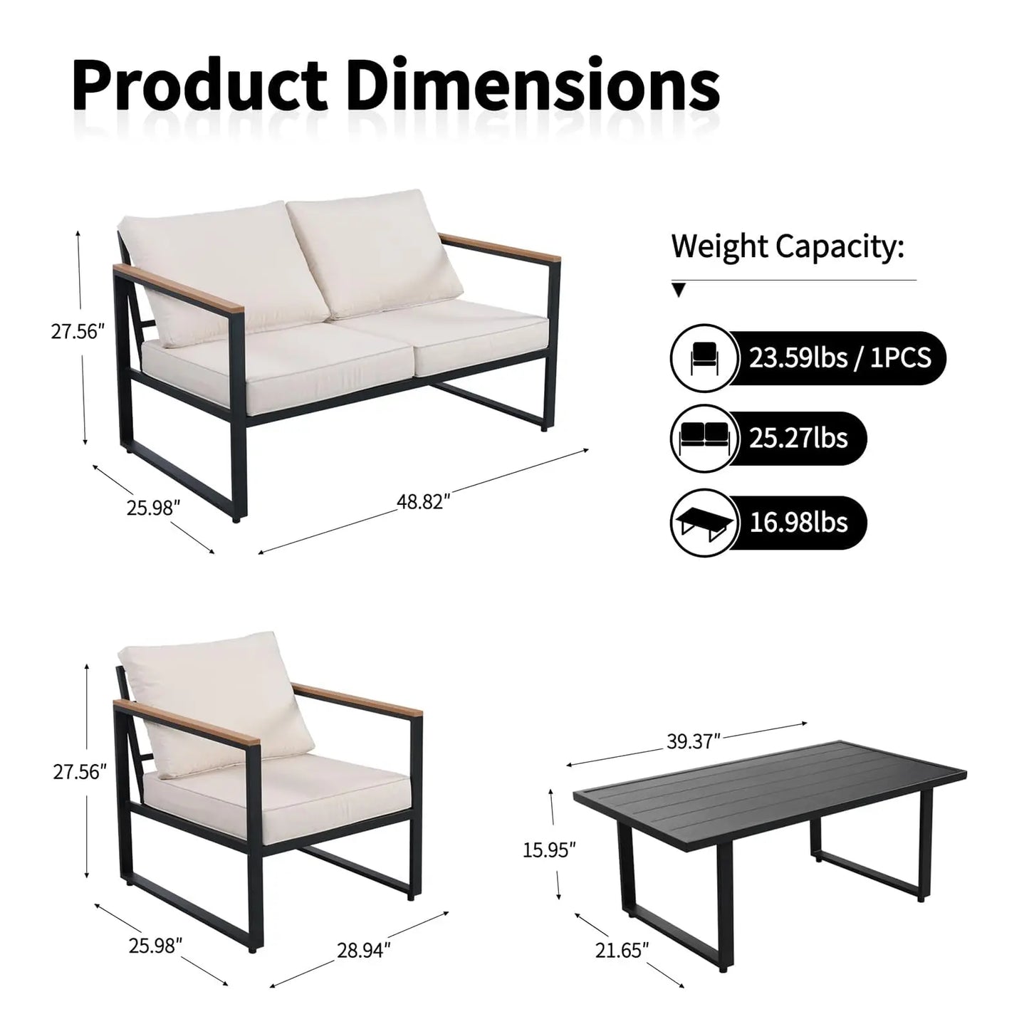 4-Piece Outdoor Patio Set, Metal, Sofa with Washable Cushions, 2 Chairs & Coffee Table