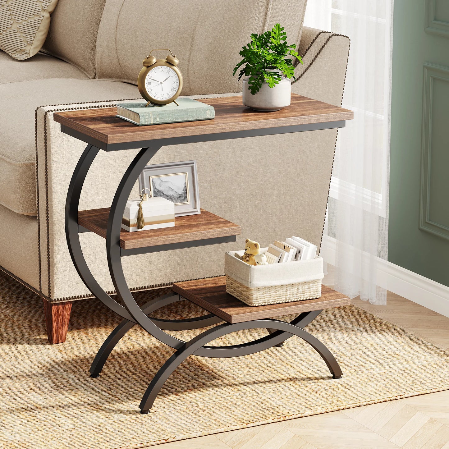 Tribesigns C-Shaped End Table, Industrial 3-Tier Small Table, Wood Bedside Table, with Storage Shelves.