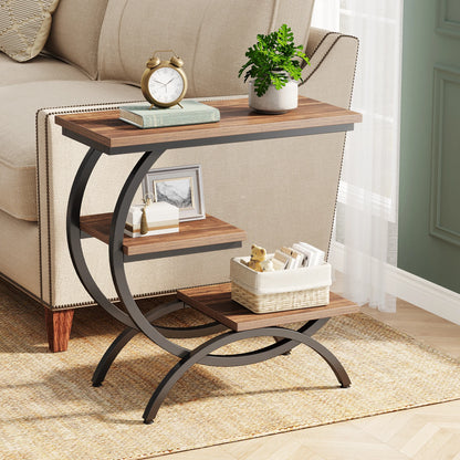 Tribesigns C-Shaped End Table, Industrial 3-Tier Small Table, Wood Bedside Table, with Storage Shelves.