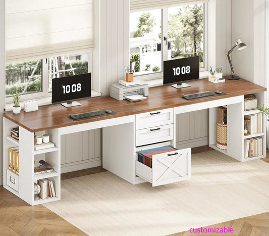 96.5" Computer Desk with Drawers,2 Person Home Office Desk, Double Desk with Storage Shelves.