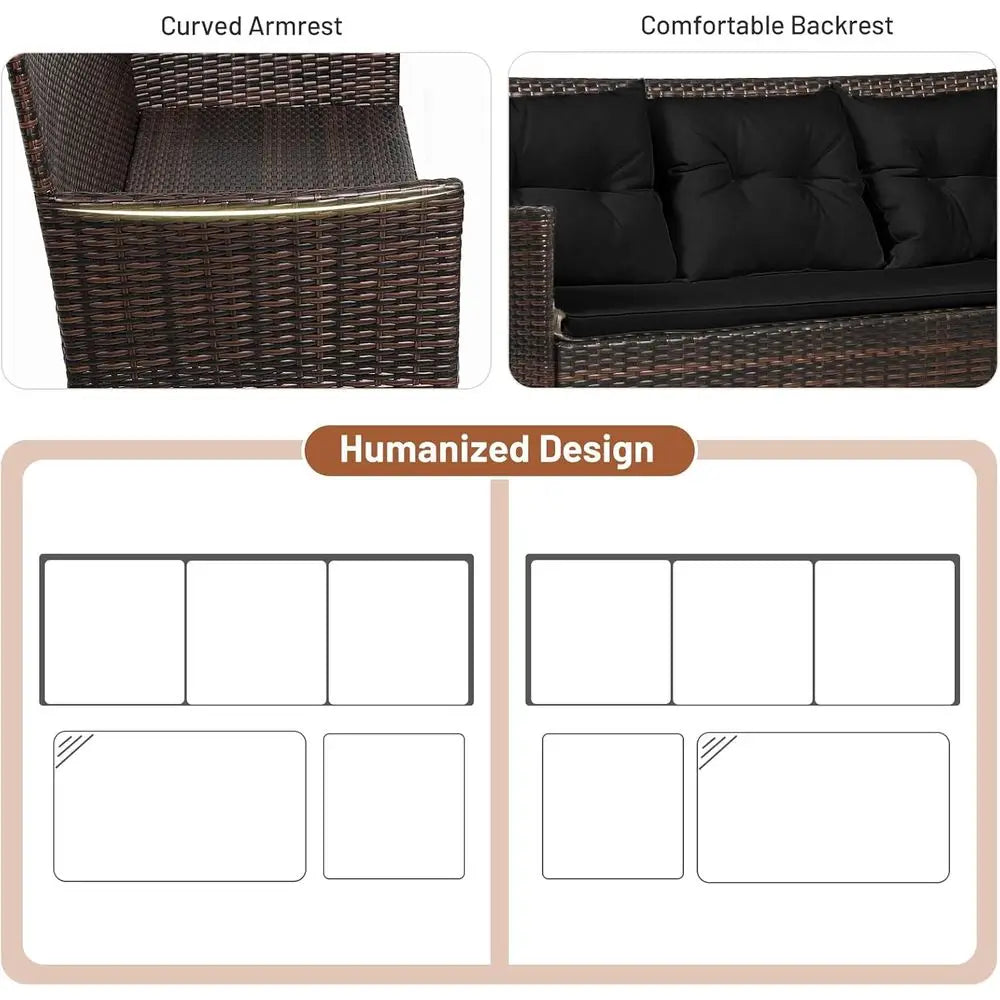 3-Piece Rattan Wicker Patio Sofa Set with 5 Cushions, Tempered Glass Top for Outdoor Living