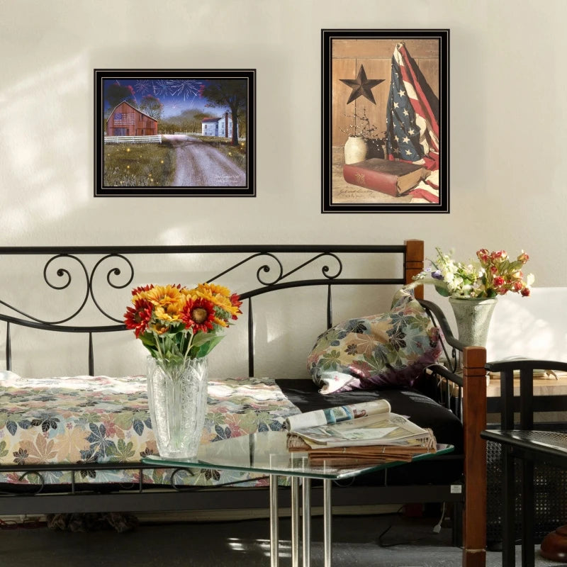 Trendy Decor 4U 2- Piece Vignette Star Spangled Night, God & Country Black Framed Wall Art.