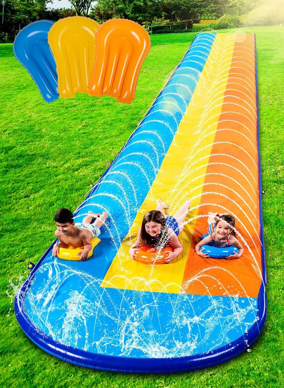 Joyfy 22.5ft Lawn Triple Water Slide with 3 Bodyboard's Summer Toy with Build in Advanced Sprinkler for Summer Fun