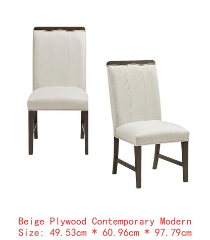 Modern Brown Finish 7-Piece Dining Set with Round Table and 6 Beige Upholstered Side Chairs.