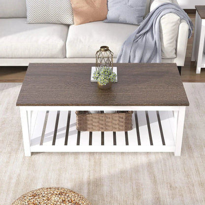 Rustic Vintage Coffee Table with Shelf, Farmhouse Style Living Room Furniture in White, 40 Inches