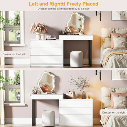 Modern L-Shaped Corner Vanity Desk with Glass Top, Mirror, and Lighting, Two Drawers.