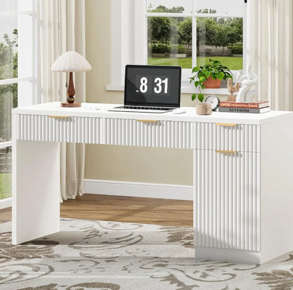 60" Executive Desk with Fluted Drawers, Wood Home Office Desk with Storage Cabinet, Charging Station.