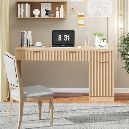 60" Executive Desk with Fluted Drawers, Wood Home Office Desk with Storage Cabinet, Charging Station.