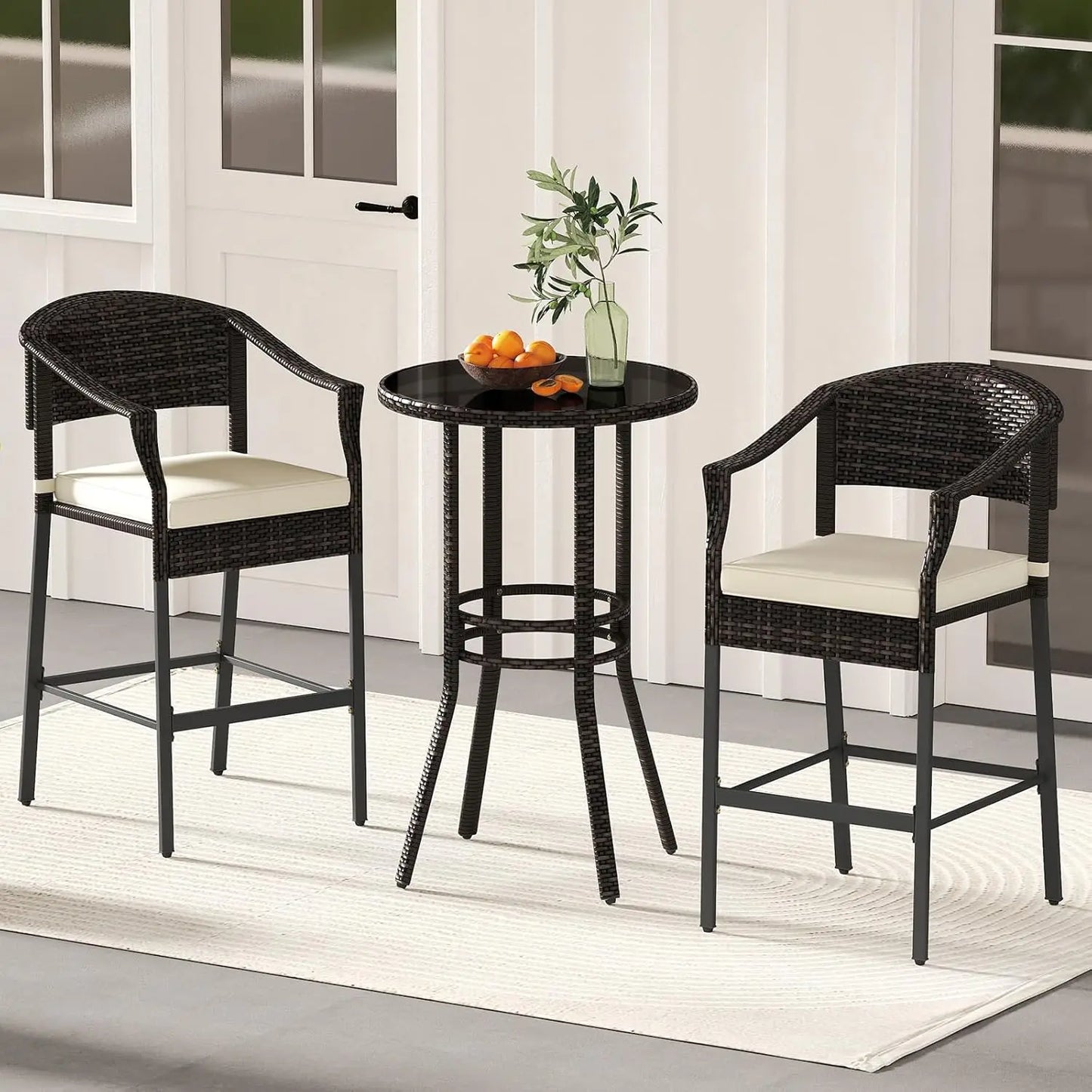 3-Piece Outdoor Bar Set - Patio Wicker Rattan Bar Height Barstools w/Cushions, Round Glass Top Table.