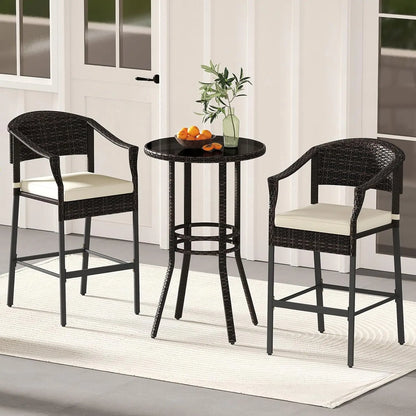 3-Piece Outdoor Bar Set - Patio Wicker Rattan Bar Height Barstools w/Cushions, Round Glass Top Table.