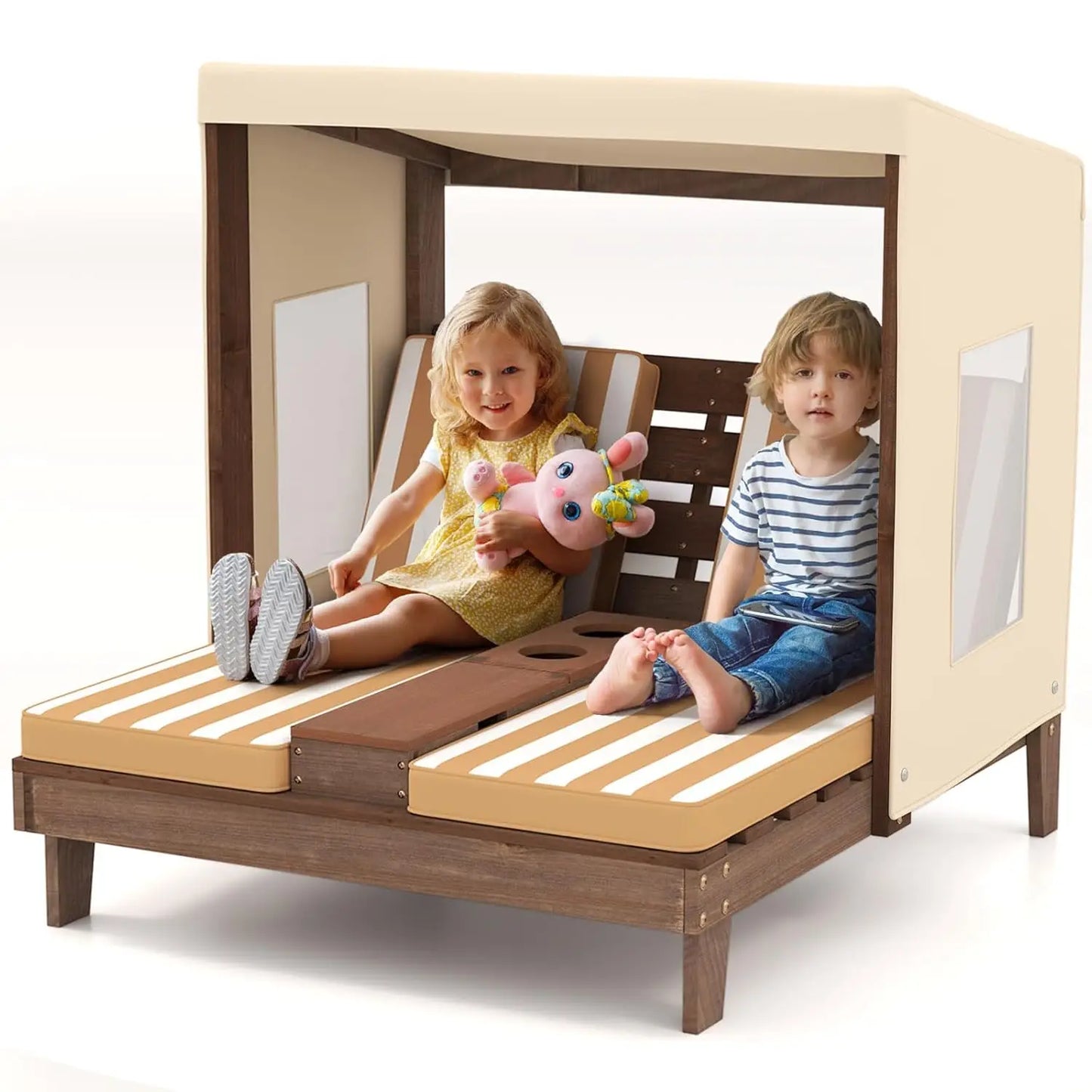 Kids Chaise Lounge Chair Outdoor, Wood Double Pool Lounger Chairs w/Canopy, Cup Holder.