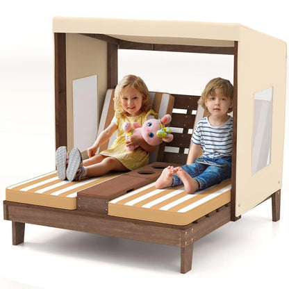 Kids Chaise Lounge Chair Outdoor, Wood Double Pool Lounger Chairs w/Canopy, Cup Holder.