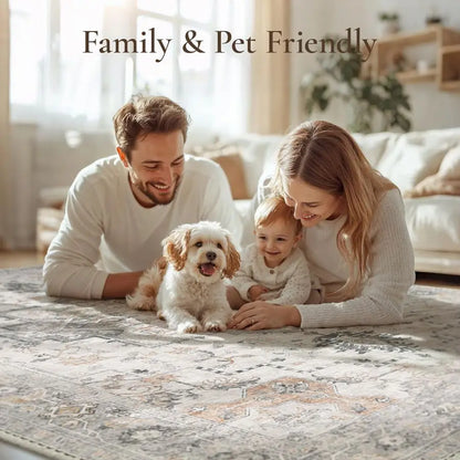 5X7 Area Rugs for Living Room, Machine Washable Non Slip Vintage Rugs, Low Pile Lightweight.
