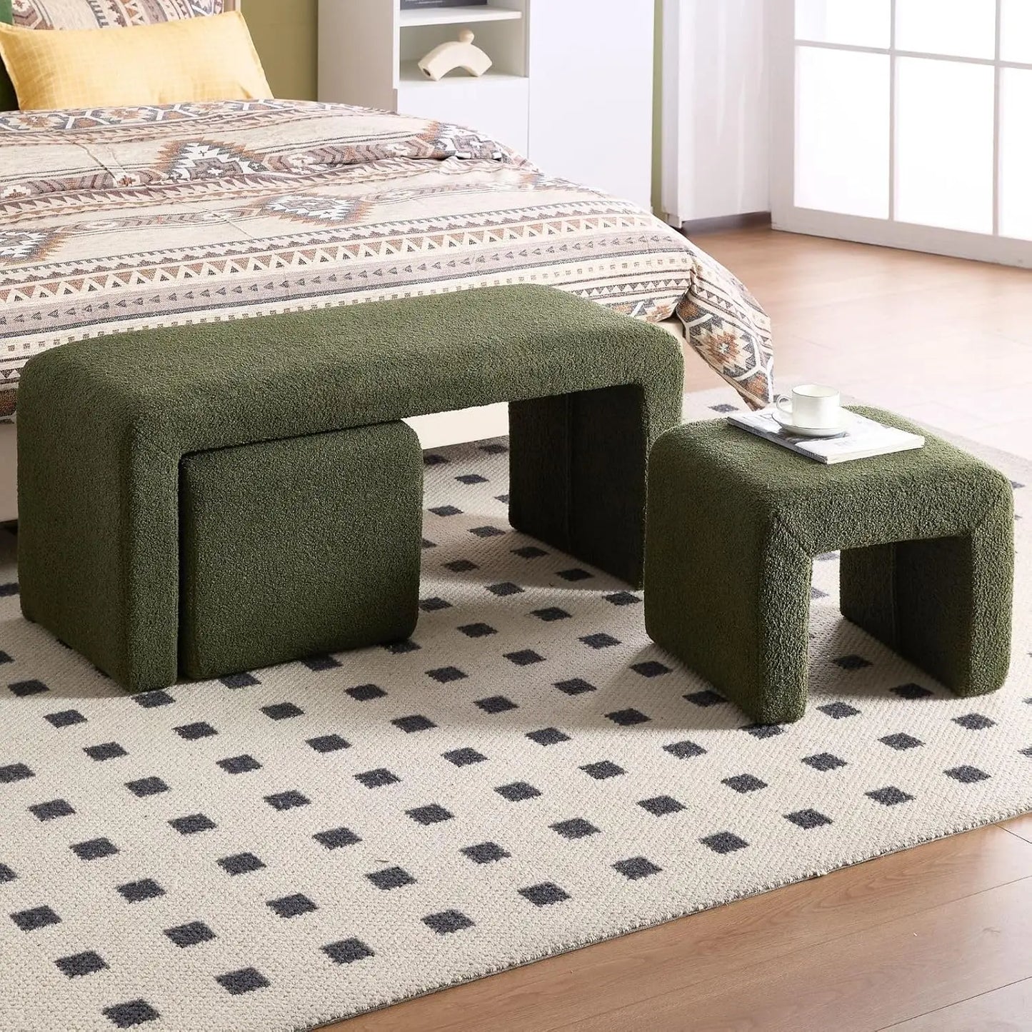 40.5" Wide Upholstered End of Bed Bench with 2 Small Stools Sherpa Comfy Entry Bench Vanity Stools.