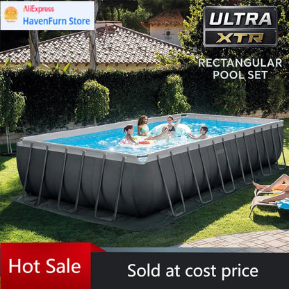Above Ground Rectangular Swimming Pool Set 24ft X 12ft X 52in Includes Sand Filter Pump.