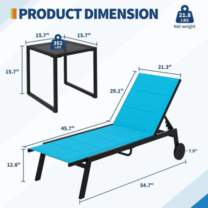 Chaise Lounge Chairs with Side Table, Set of 3 Outdoor with Wheels, 5-Level Backrest.