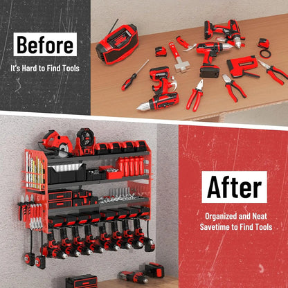 Metal Power Tool Organizer Wall Mount with Screwdriver Holder, Storage Shelves for Drills & Pliers.
