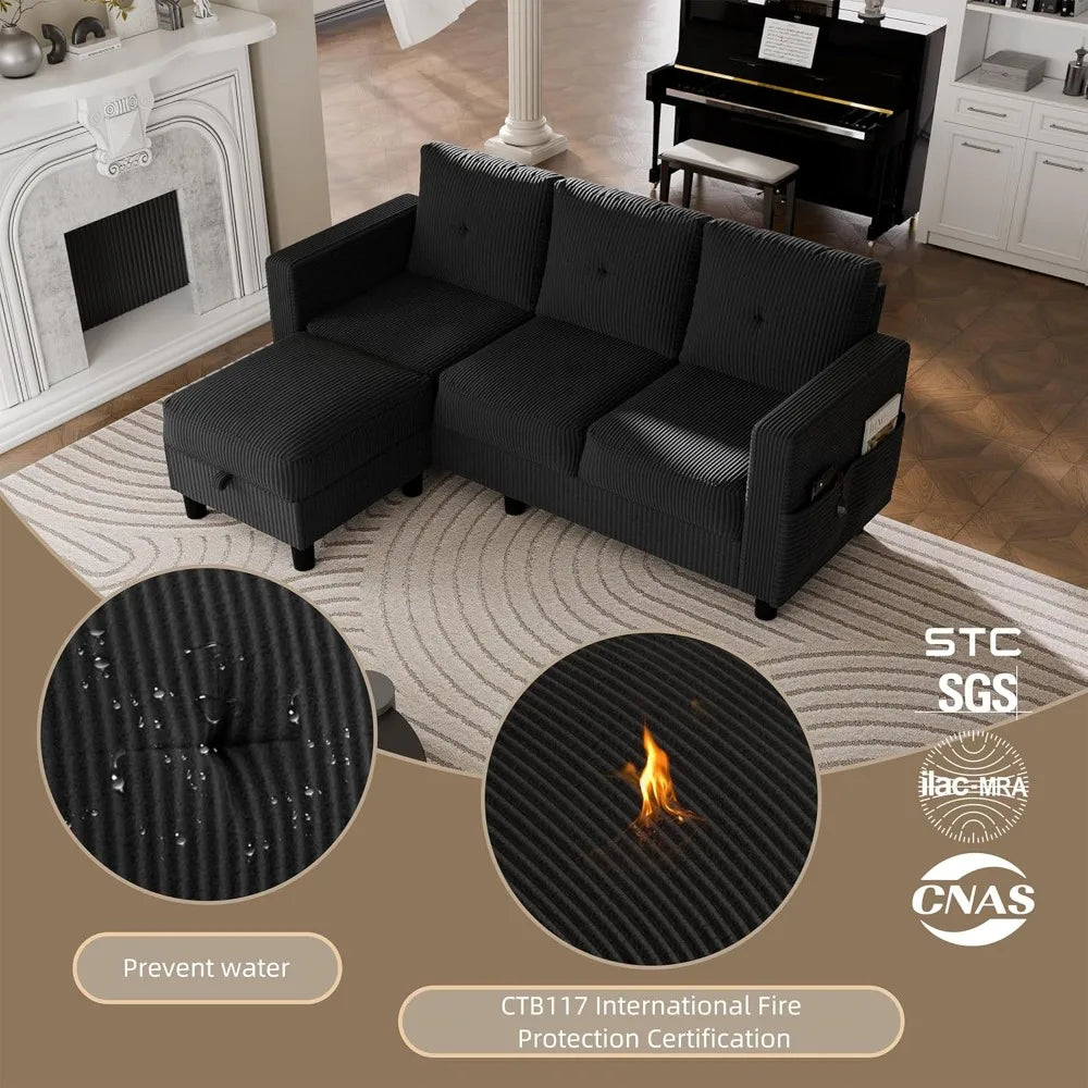 L-Shaped Sectional Sofa with Ottoman, Convertible 3-Seat Couch for Small Spaces.