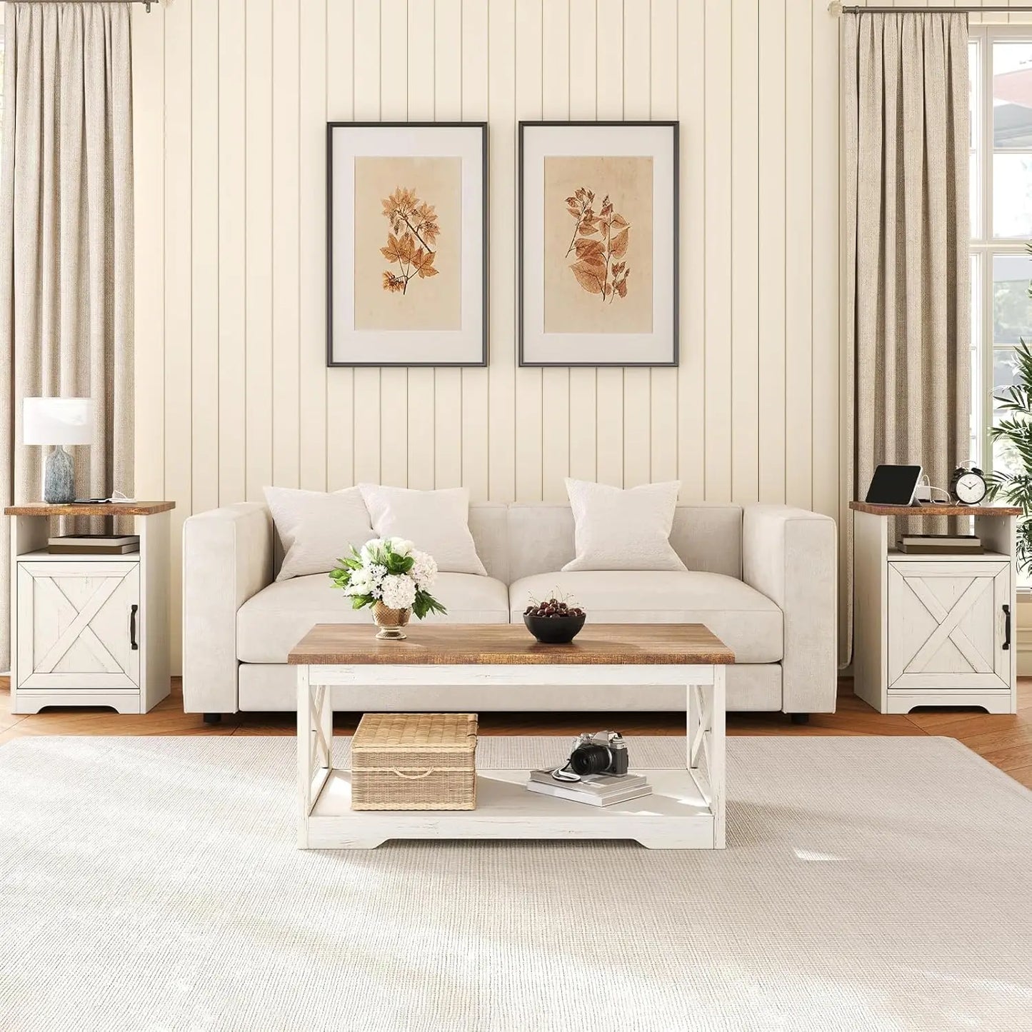 3-Piece Farmhouse Living Room Table Set with Coffee Table, 2 End Tables, Charging Station & USB Ports.