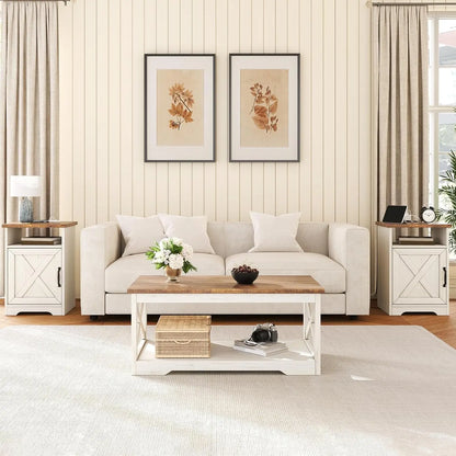 3-Piece Farmhouse Living Room Table Set with Coffee Table, 2 End Tables, Charging Station & USB Ports.