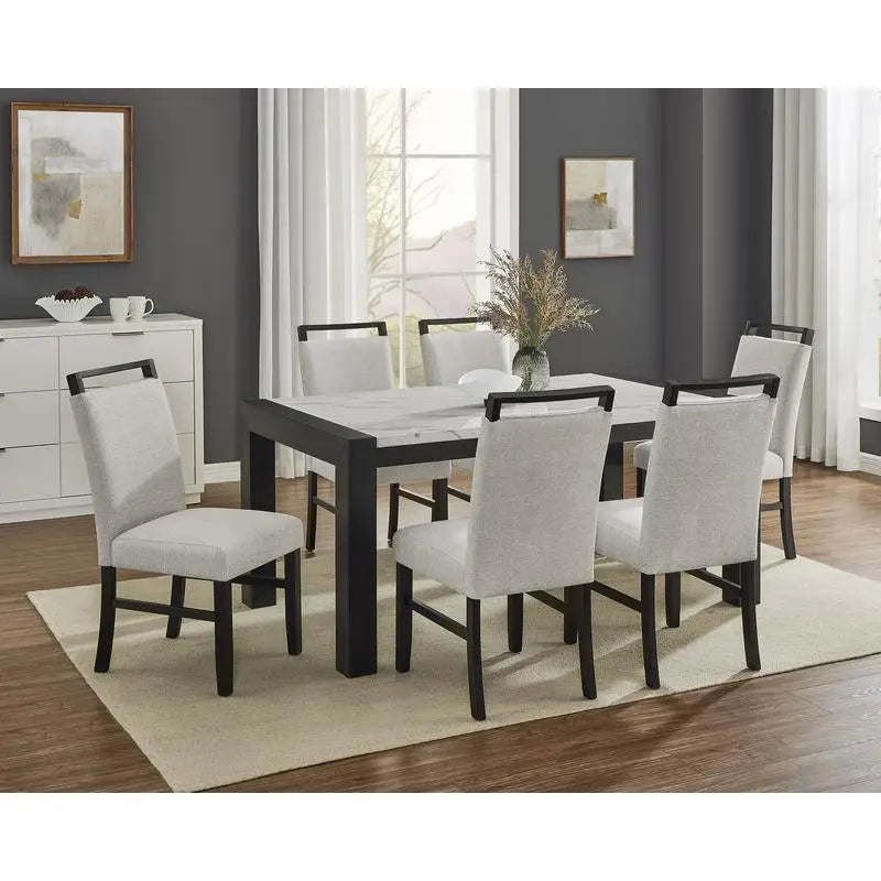 Contemporary 7pc Dining Set with White Faux Marble Rectangular Table and Full Back Upholstered Chairs.