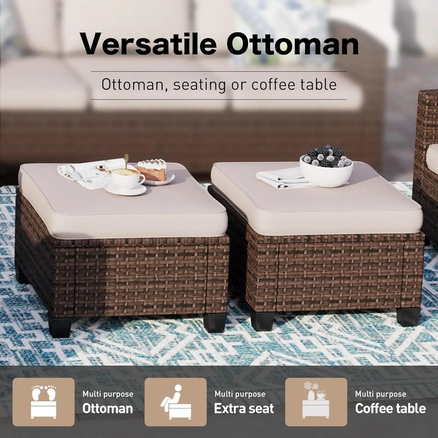 Outdoor Patio Ottomans,2 Pieces All Weather Wicker Ottomans with 4" Thick Cushions.