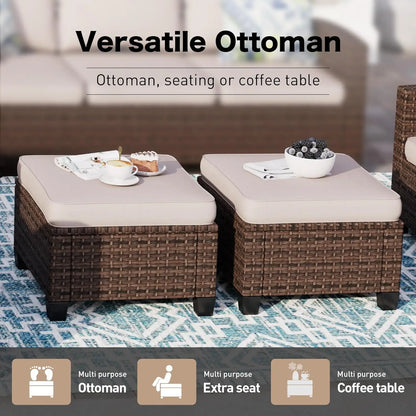 Outdoor Patio Ottomans,2 Pieces All Weather Wicker Ottomans with 4" Thick Cushions.