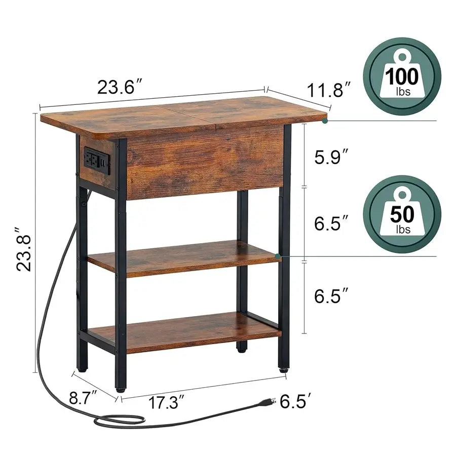 End Table with Charging Station, Flip Top Side Table with USB Ports and Outlets - for Living Room