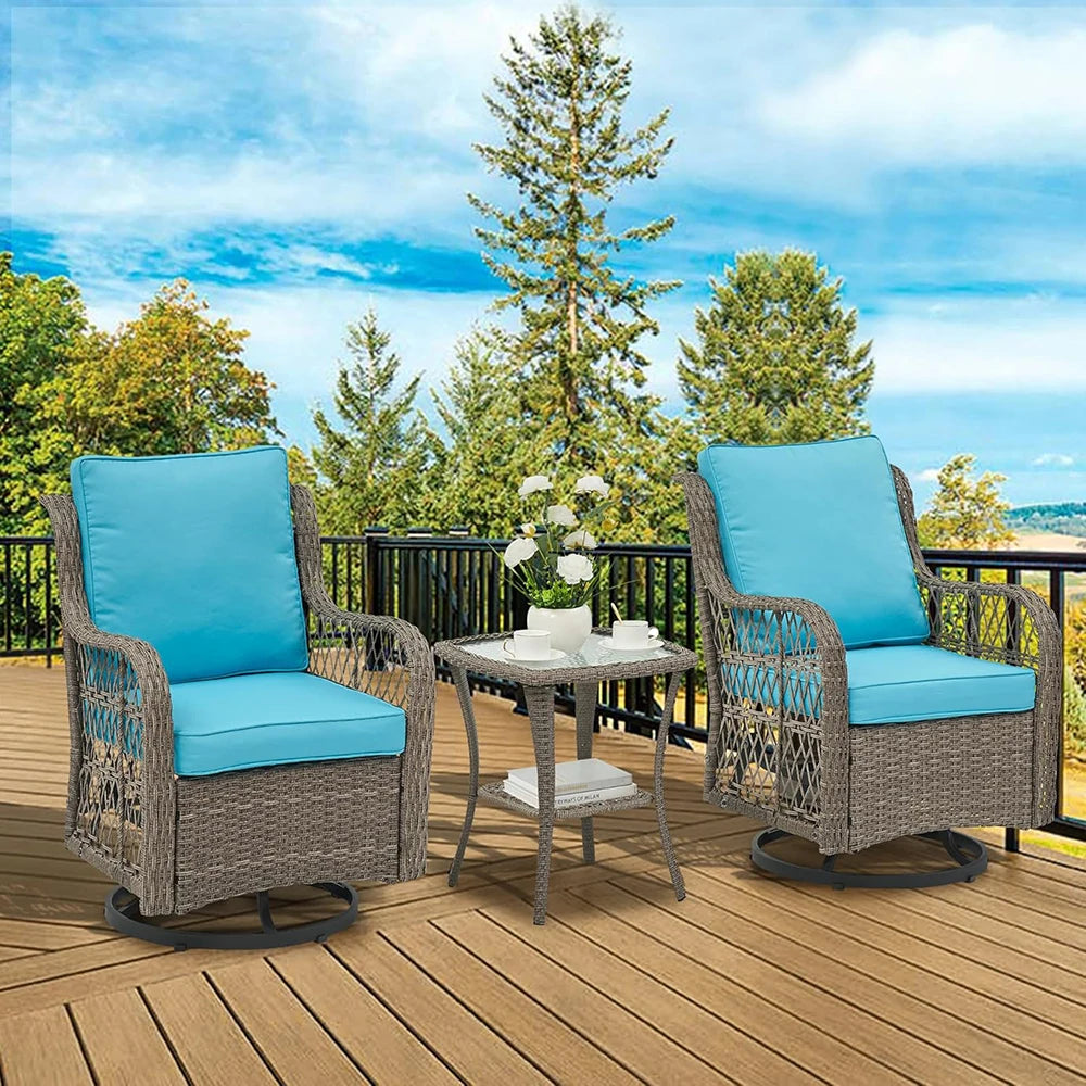 3-Piece Wicker Swivel Rocking Patio Set, 2 Chairs & Glass Table, Outdoor Furniture for Porch & Backyard.