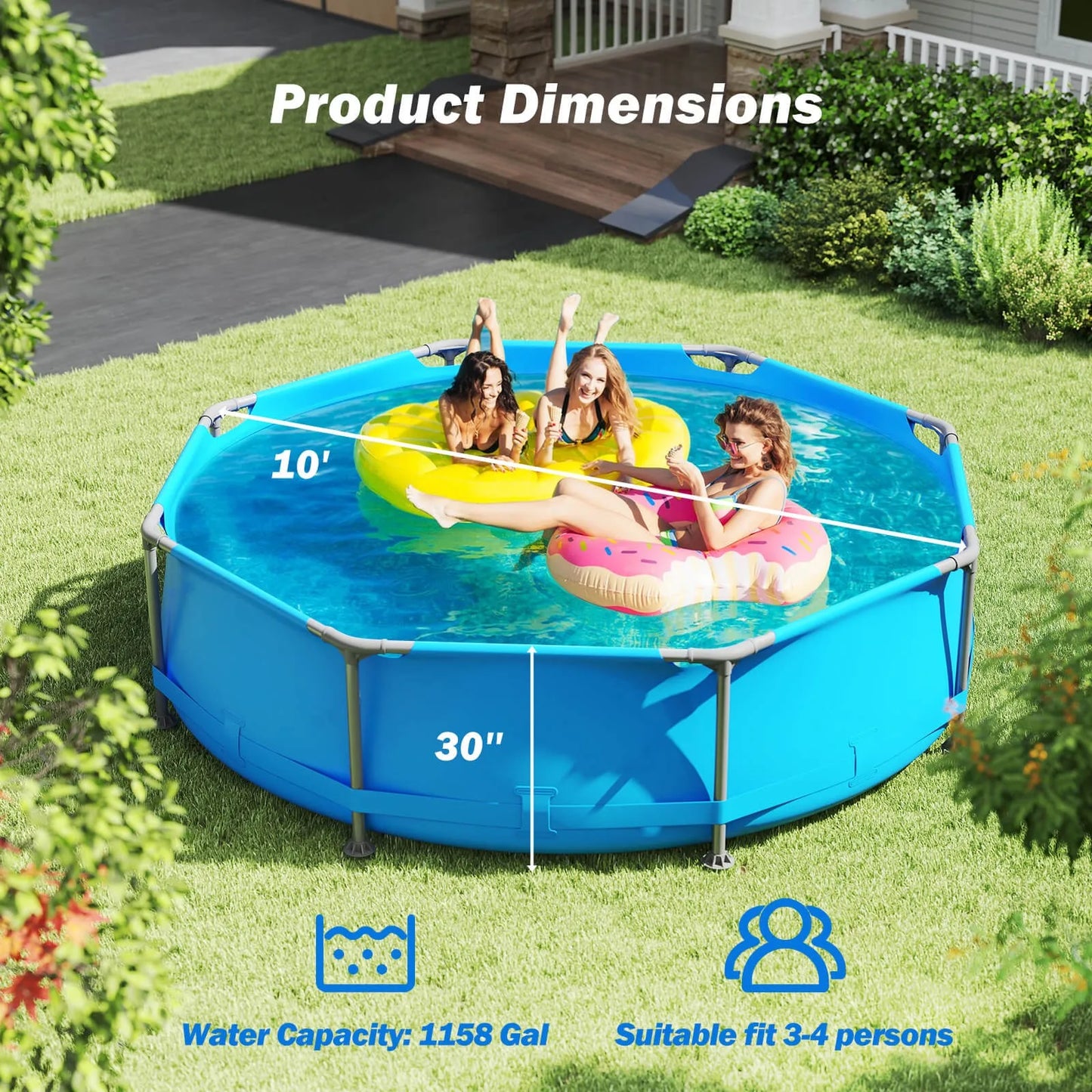 Outdoor Hot Tub, Outdoor Family Swimming Pool with Metal Frame Multi-Layer PVC Fabric.