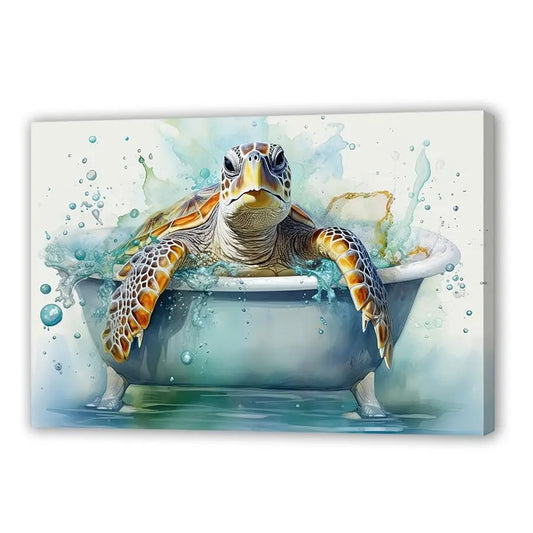 Sea Turtle Bathroom Wall Art Funny, in Bathtub Canvas Painting.