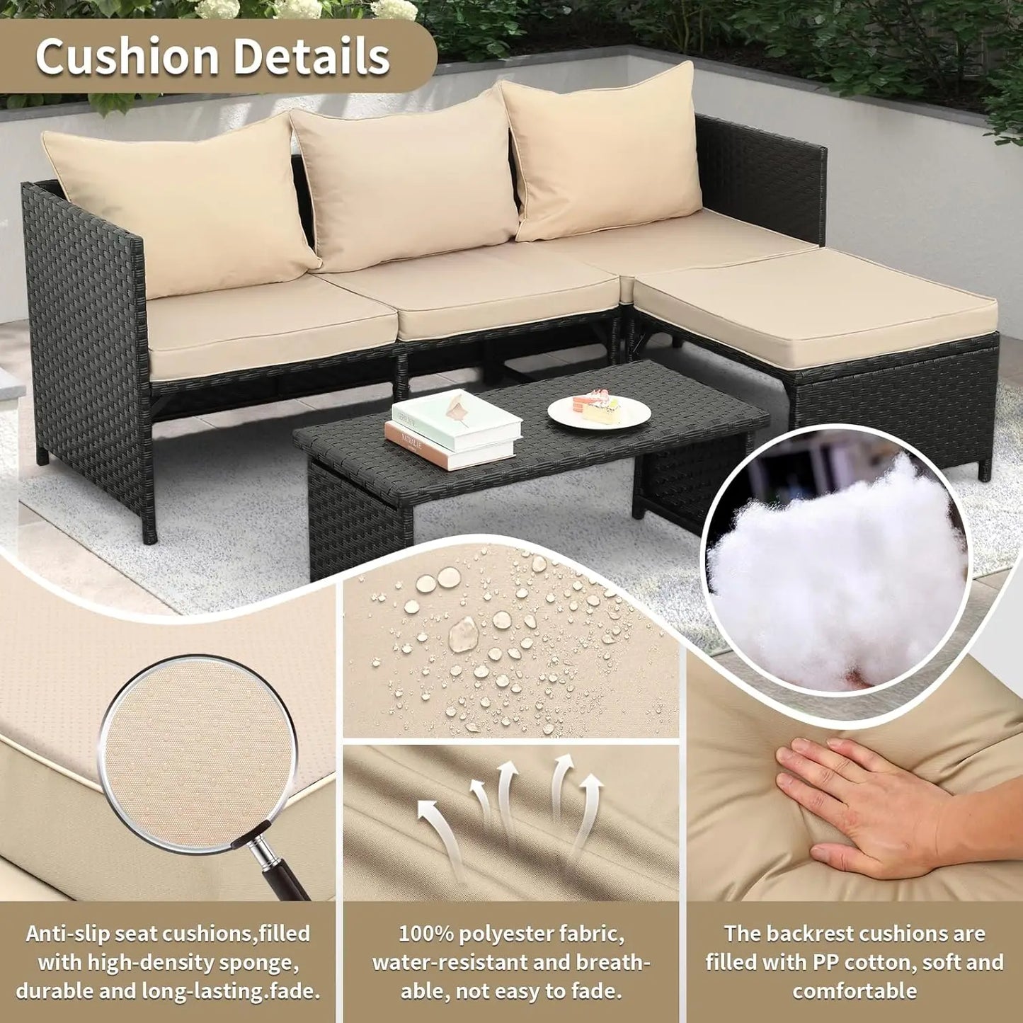 3-Piece Outdoor PE Rattan Furniture Set Patio Black Wicker Conversation Loveseat Sofa Sectional.