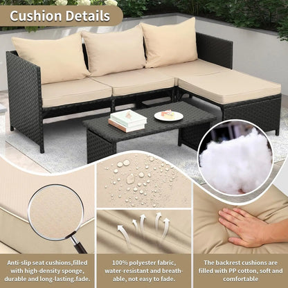 3-Piece Outdoor PE Rattan Furniture Set Patio Black Wicker Conversation Loveseat Sofa Sectional.